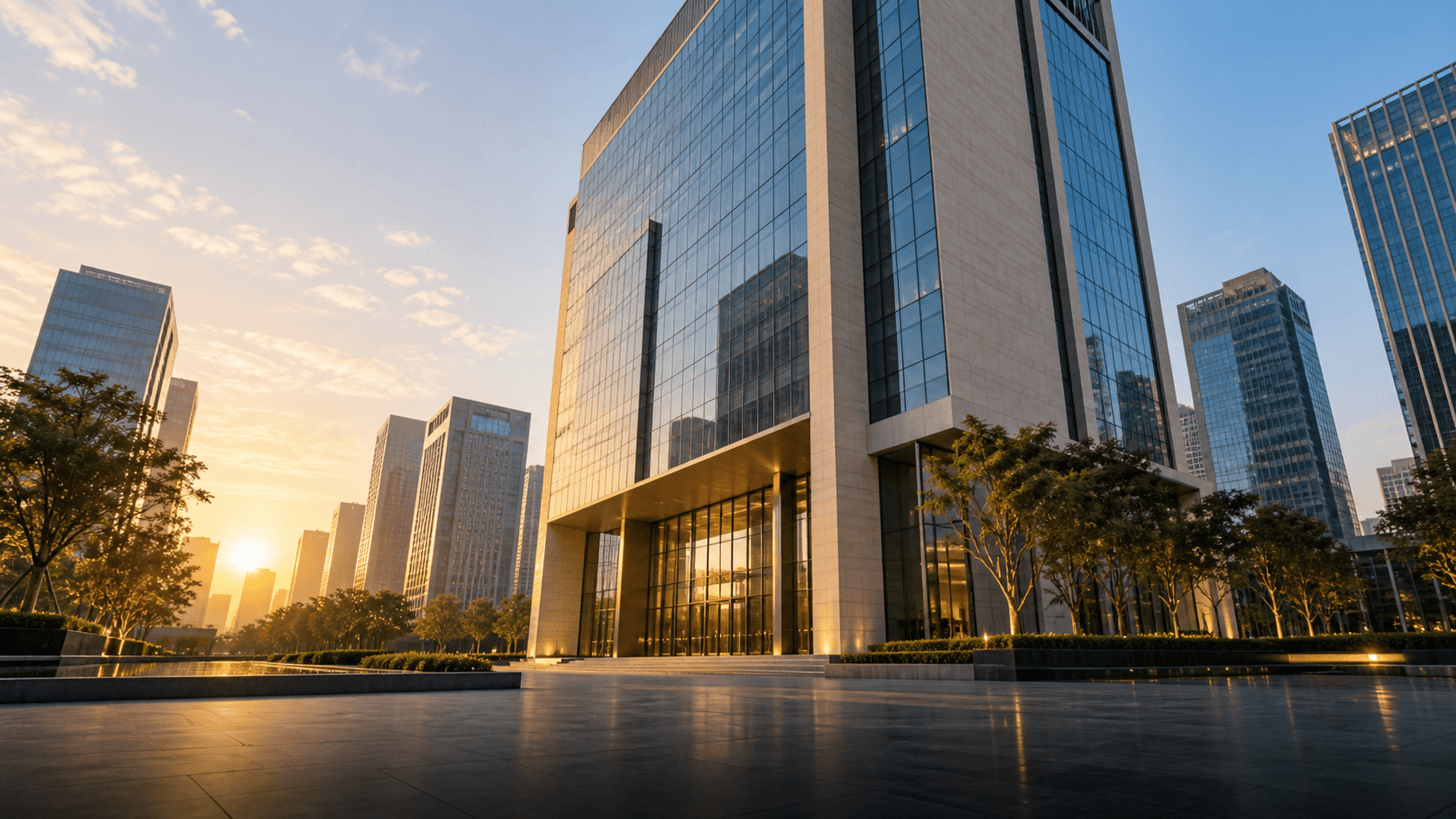 Modern office building at sunrise