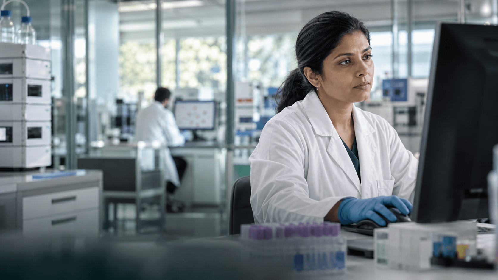 Scientist working at a computer in a modern laboratory