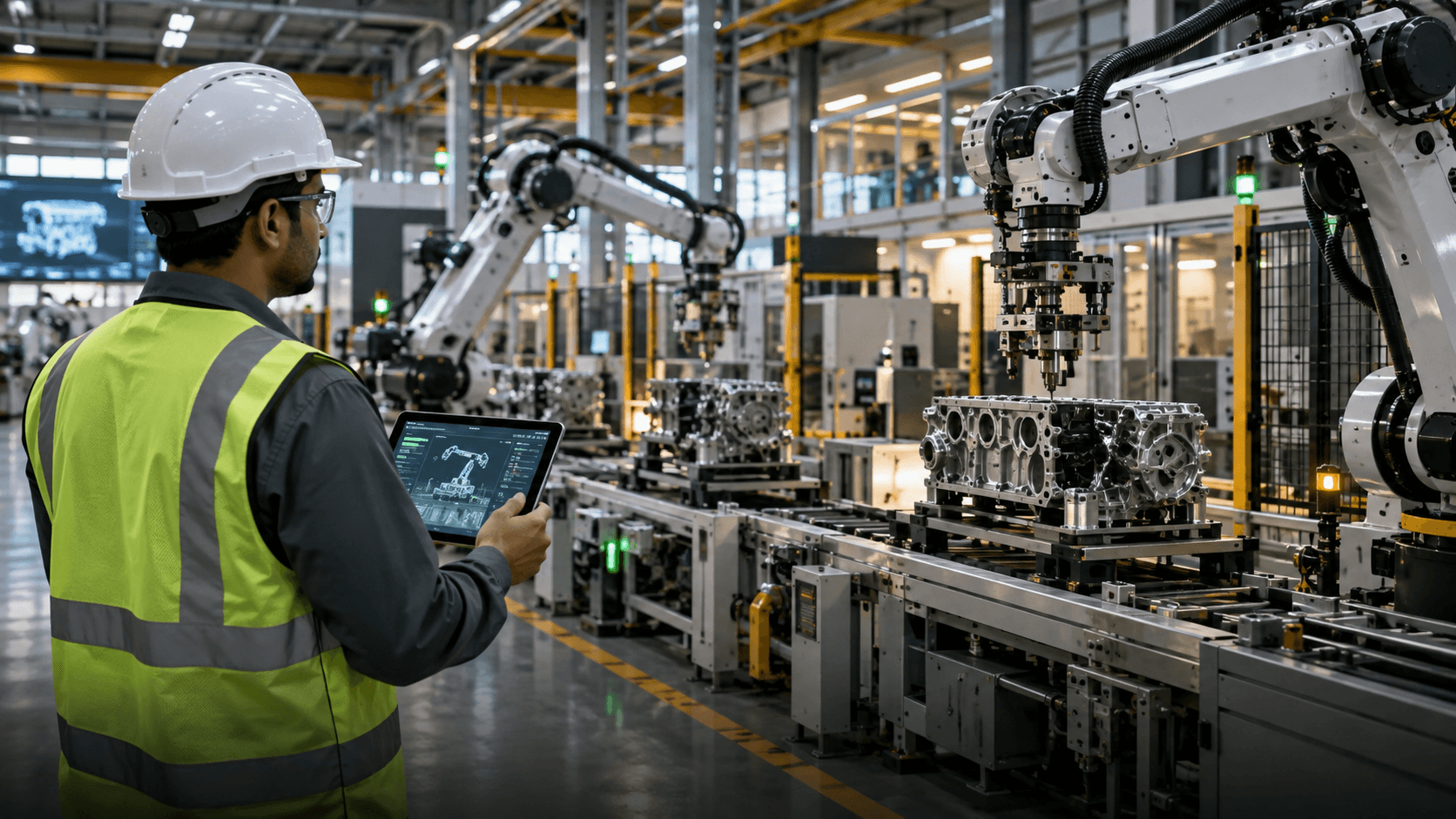 Engineer reviewing robotic production equipment on a tablet