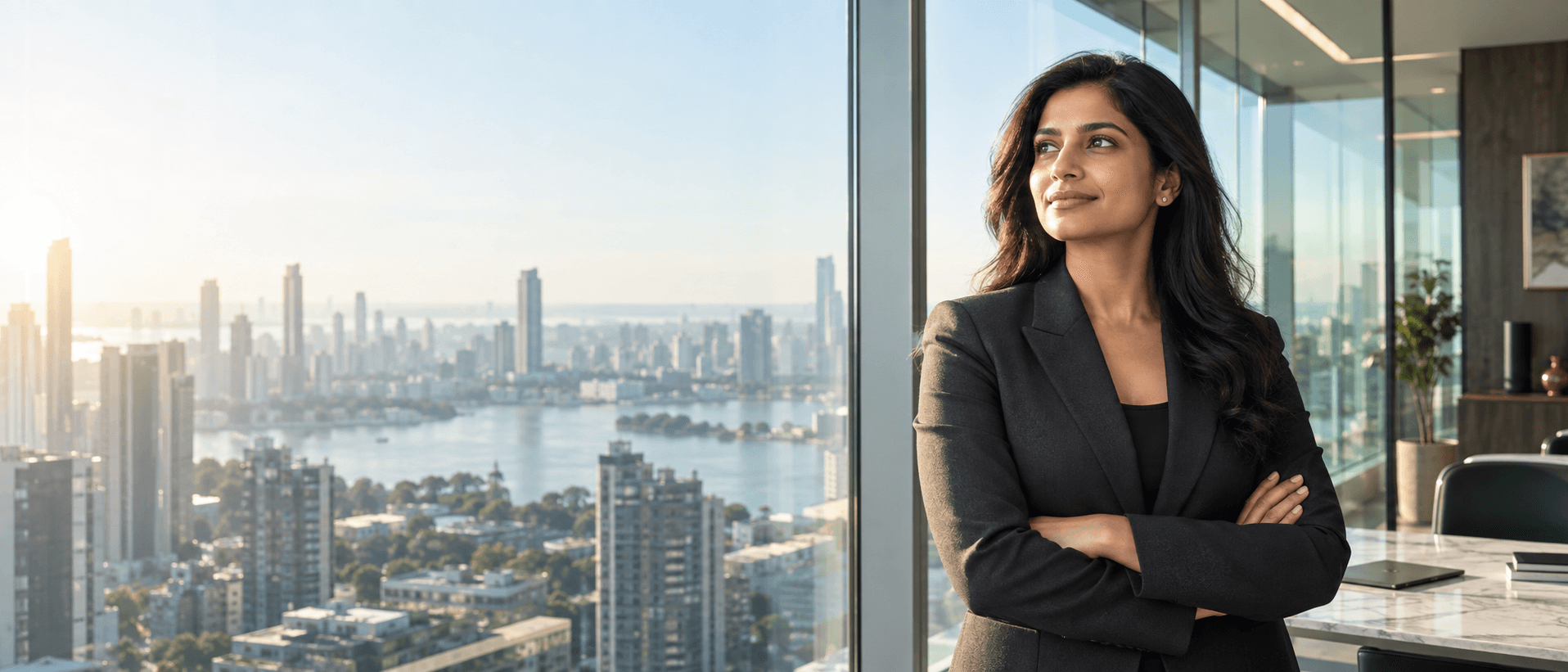 Technology leader looking out over a city from an office